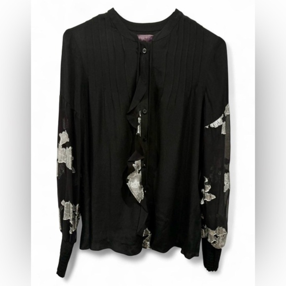Hale Bob Button Down Foiled Chiffon Semi Sheer Blouse Small Silk Pleated‎ Black